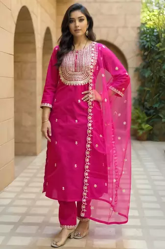 Pink embroidered silk kurta trouser dupatta set