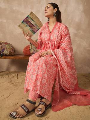 Peach printed pure cotton kurta trouser dupatta set 1
