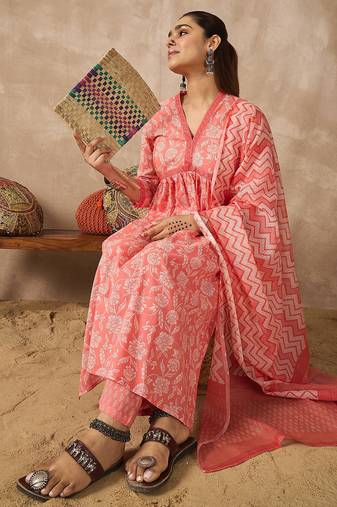 Peach printed pure cotton kurta trouser dupatta set