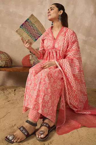 Peach printed pure cotton kurta trouser dupatta set