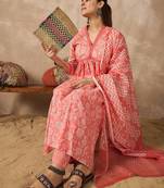 Peach printed pure cotton kurta trouser dupatta set