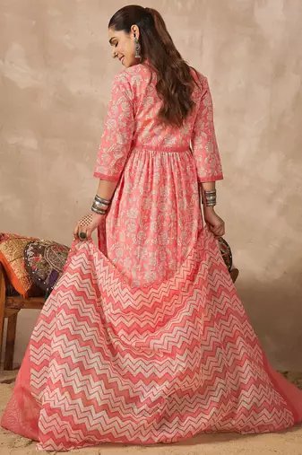 Peach printed pure cotton kurta trouser dupatta set