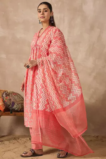 Peach printed pure cotton kurta trouser dupatta set