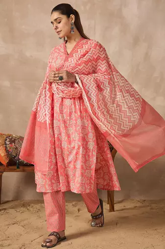 Peach printed pure cotton kurta trouser dupatta set