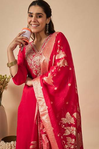 Pink embroidered silk kurta trouser dupatta set