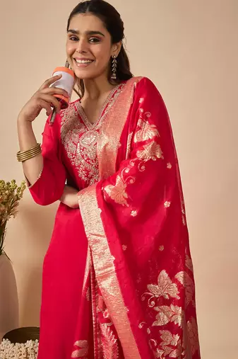 Pink embroidered silk kurta trouser dupatta set