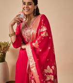 Pink embroidered silk kurta trouser dupatta set