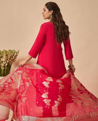 Pink embroidered silk kurta trouser dupatta set 2