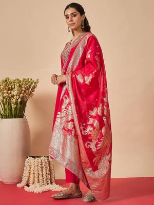 Pink embroidered silk kurta trouser dupatta set 3