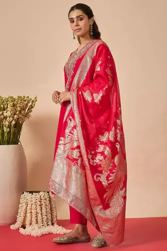 Pink embroidered silk kurta trouser dupatta set
