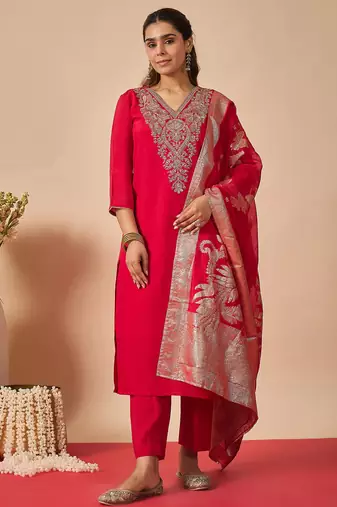 Pink embroidered silk kurta trouser dupatta set