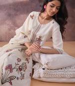Cream embroidered silk kurta trouser dupatta set