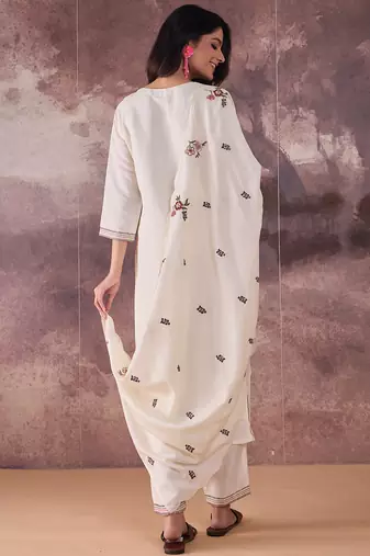 Cream embroidered silk kurta trouser dupatta set