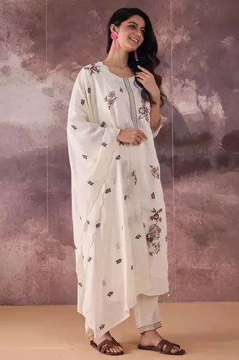 Cream embroidered silk kurta trouser dupatta set