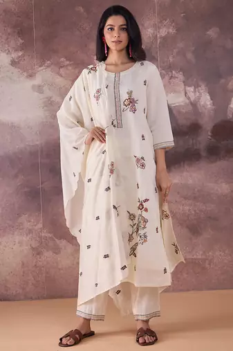 Cream embroidered silk kurta trouser dupatta set