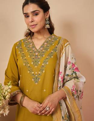 Mustard embroidered viscose rayon kurta trouser dupatta set 1
