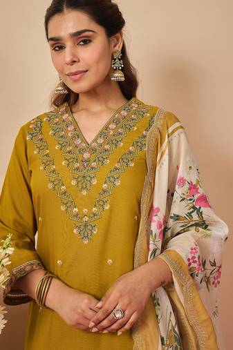 Mustard embroidered viscose rayon kurta trouser dupatta set