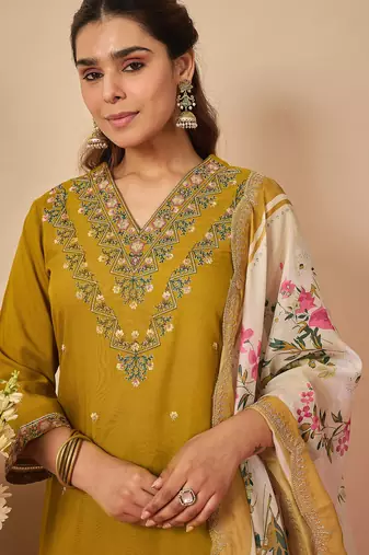 Mustard embroidered viscose rayon kurta trouser dupatta set