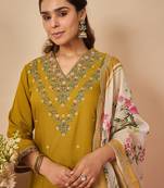 Mustard embroidered viscose rayon kurta trouser dupatta set