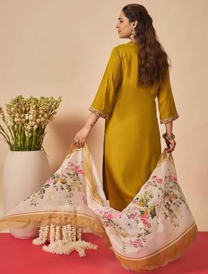 Mustard embroidered viscose rayon kurta trouser dupatta set 2