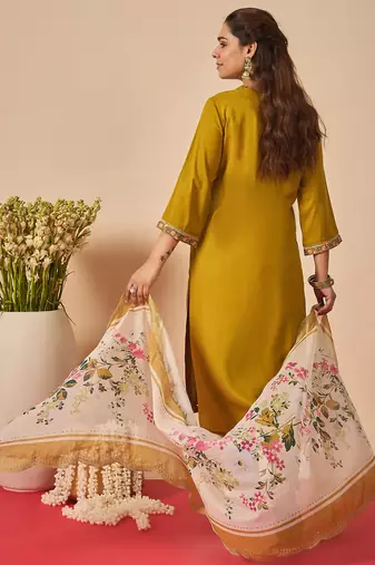 Mustard embroidered viscose rayon kurta trouser dupatta set
