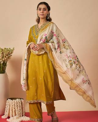 Mustard embroidered viscose rayon kurta trouser dupatta set 3