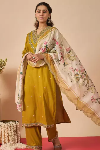 Mustard embroidered viscose rayon kurta trouser dupatta set