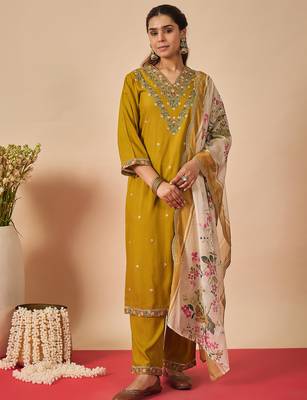 Mustard embroidered viscose rayon kurta trouser dupatta set 4