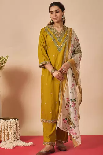 Mustard embroidered viscose rayon kurta trouser dupatta set