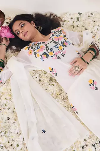White embroidered pure cotton kurta trouser dupatta set