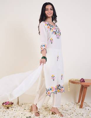 White embroidered pure cotton kurta trouser dupatta set 3