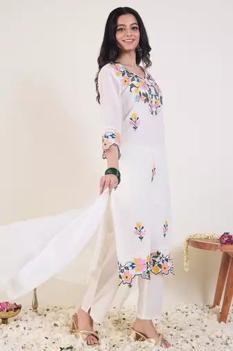 White embroidered pure cotton kurta trouser dupatta set