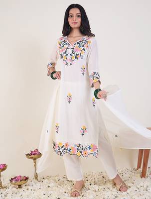 White embroidered pure cotton kurta trouser dupatta set 4