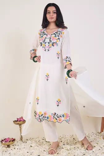 White embroidered pure cotton kurta trouser dupatta set