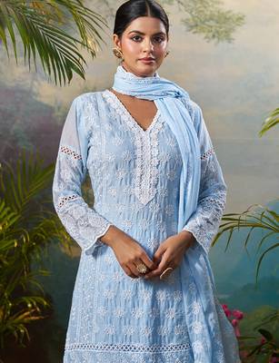 Blue embroidered pure cotton kurta trouser dupatta set 1