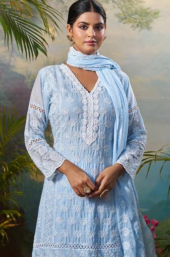 Blue embroidered pure cotton kurta trouser dupatta set