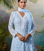 Blue embroidered pure cotton kurta trouser dupatta set