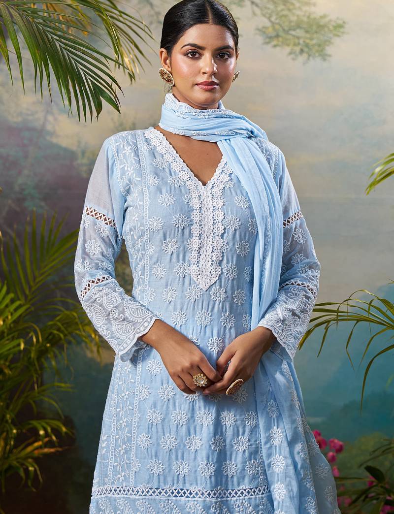 Blue embroidered pure cotton kurta trouser dupatta set