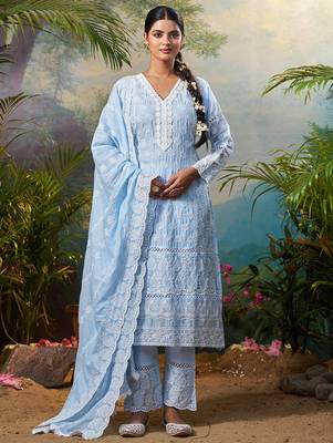 Blue embroidered pure cotton kurta trouser dupatta set 2