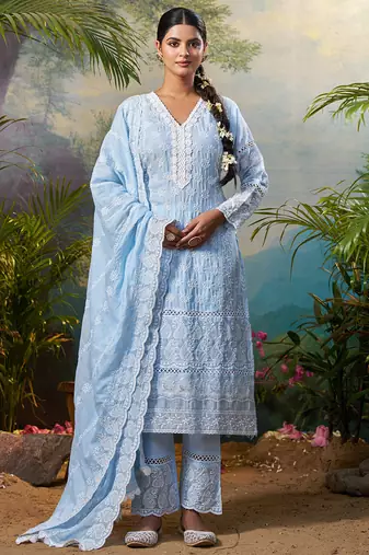 Blue embroidered pure cotton kurta trouser dupatta set