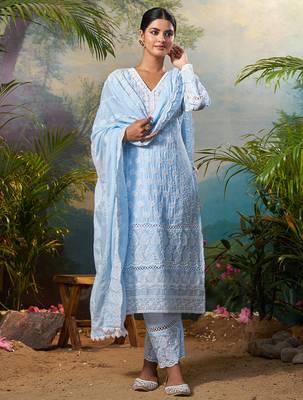 Blue embroidered pure cotton kurta trouser dupatta set 3