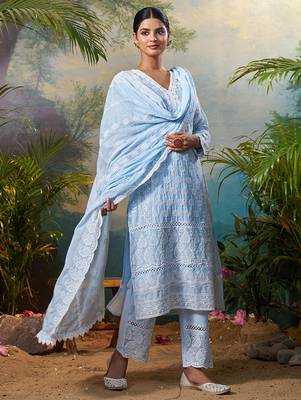 Blue embroidered pure cotton kurta trouser dupatta set 4