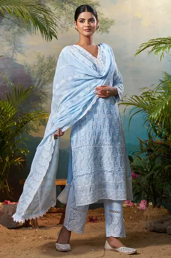 Blue embroidered pure cotton kurta trouser dupatta set