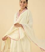Off white embroidered pure cotton kurta trouser dupatta set
