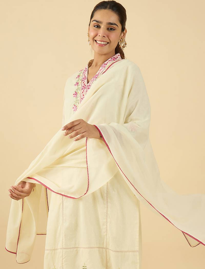 Off white embroidered pure cotton kurta trouser dupatta set