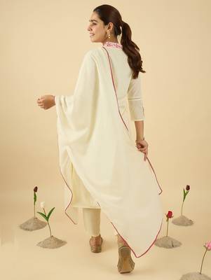 Off white embroidered pure cotton kurta trouser dupatta set 2