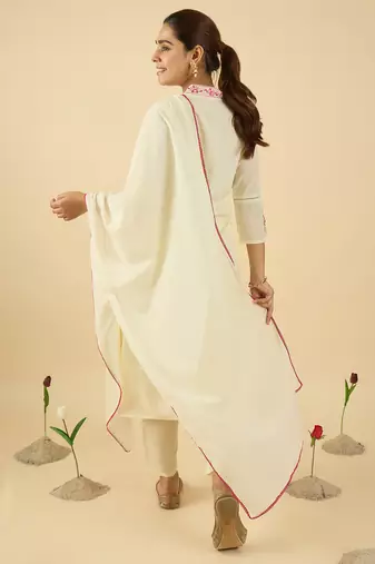 Off white embroidered pure cotton kurta trouser dupatta set
