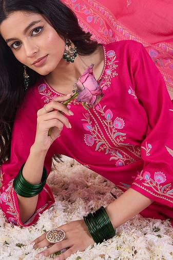 Pink embroidered viscose rayon kurta trouser dupatta set