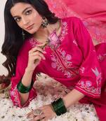 Pink embroidered viscose rayon kurta trouser dupatta set