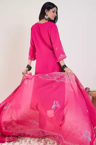 Pink embroidered viscose rayon kurta trouser dupatta set